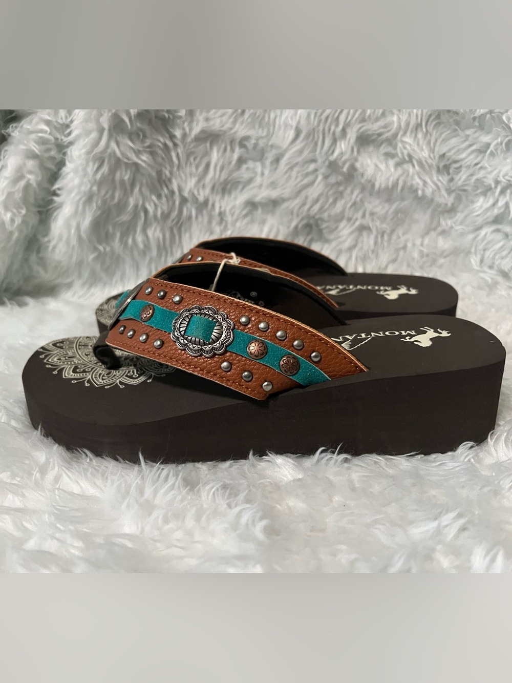 Montana West Brown & Teal Studded Platform Flip Flops